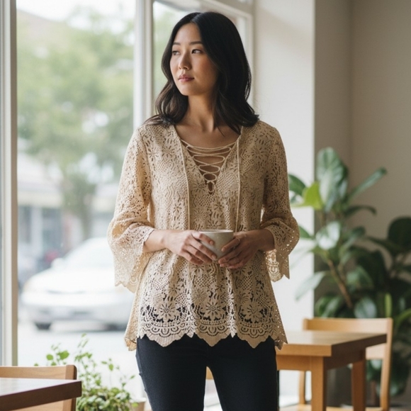 Entro Dream Catcher Crocket Cream Lace Bohemian Top Vintage Summer RARE - Picture 8 of 9